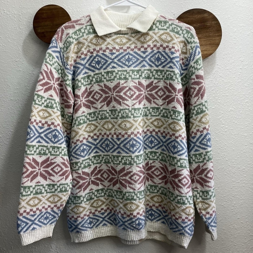 Vintage Alfred Dunner AOP Pastel Snowflakes Sweater‎ Grandma Winter Size Medium